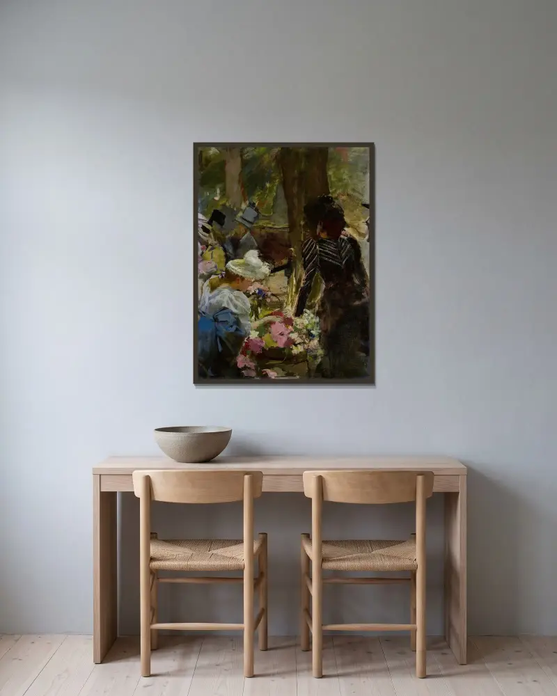 Blomstermarknaden av Henri Gervex inramad på en vägg