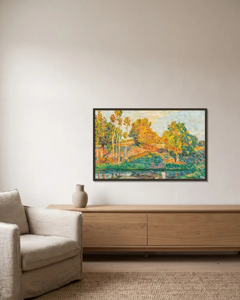 Vid flodstranden av Henri Lebasque inramad på en vägg