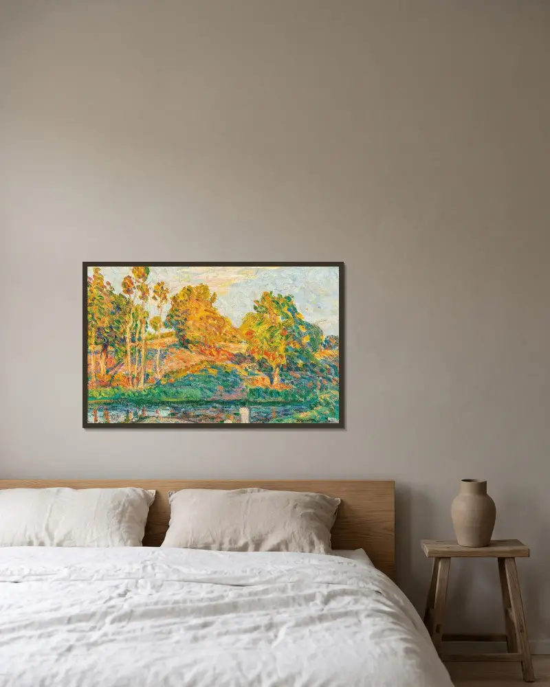 Vid flodstranden av Henri Lebasque inramad på en vägg