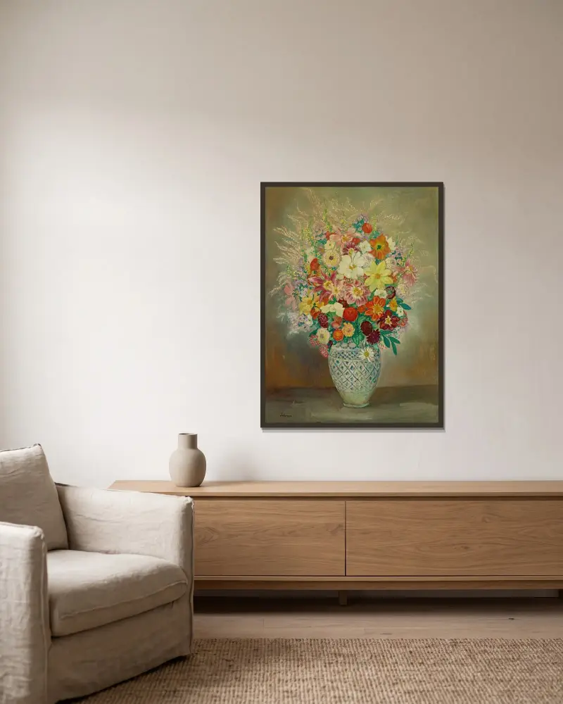 Blomsterkomposition med Dahlior av Henri Lebasque inramad på en vägg