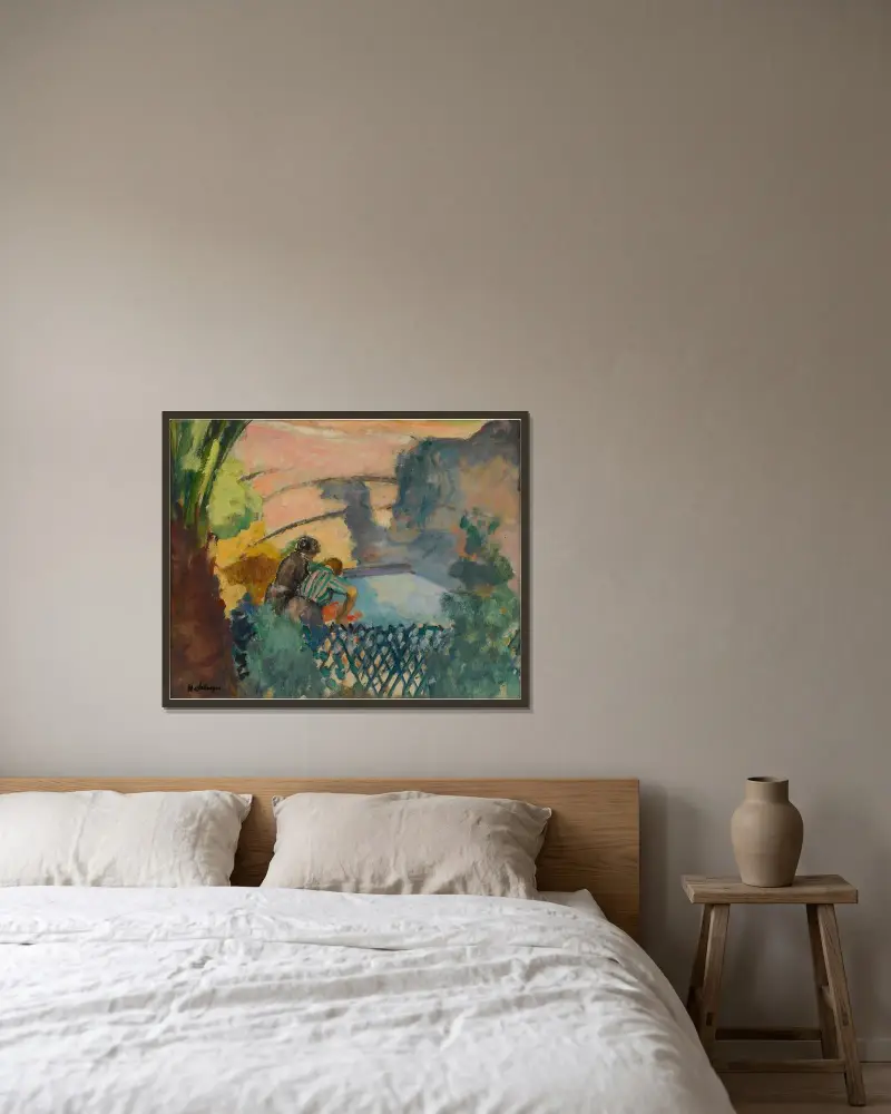 Två kvinnor vid tvättstället av Henri Lebasque inramad på en vägg