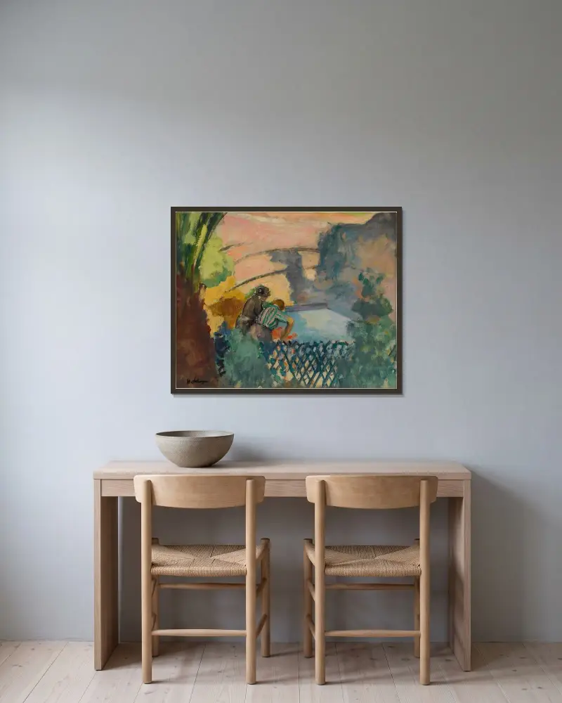 Två kvinnor vid tvättstället av Henri Lebasque inramad på en vägg