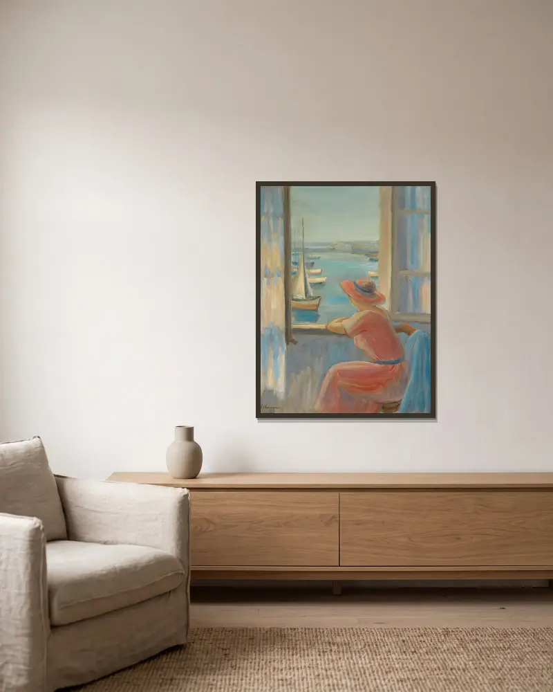Vor dem Fenster, Insel Yeu von Henri Lebasque gerahmt an einer Wand