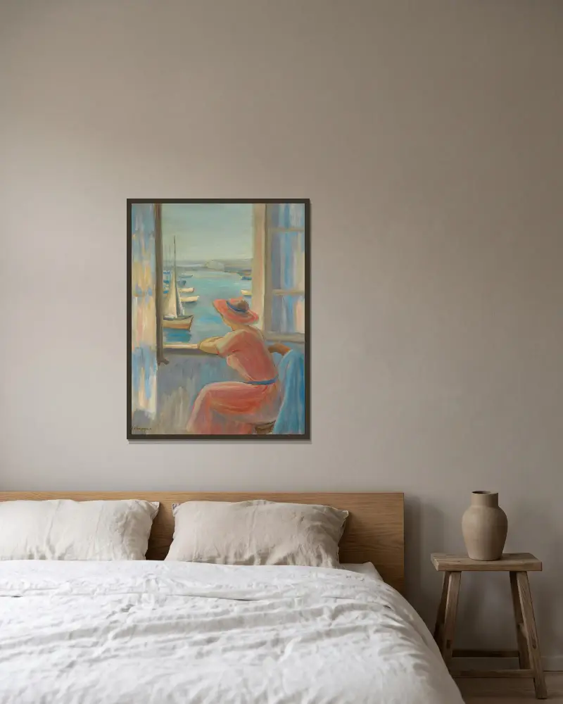 Vor dem Fenster, Insel Yeu von Henri Lebasque gerahmt an einer Wand