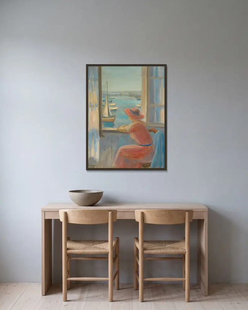 Vor dem Fenster, Insel Yeu von Henri Lebasque gerahmt an einer Wand