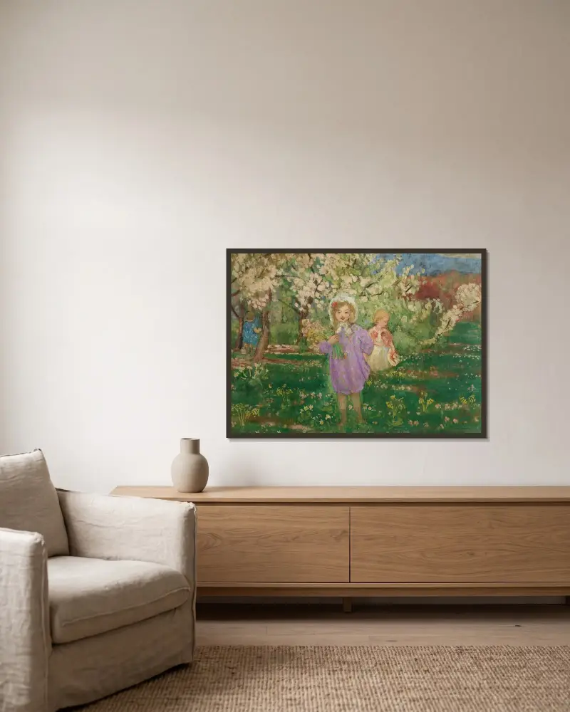 Barn i en blommande fruktträdgård av Henri Lebasque inramad på en vägg