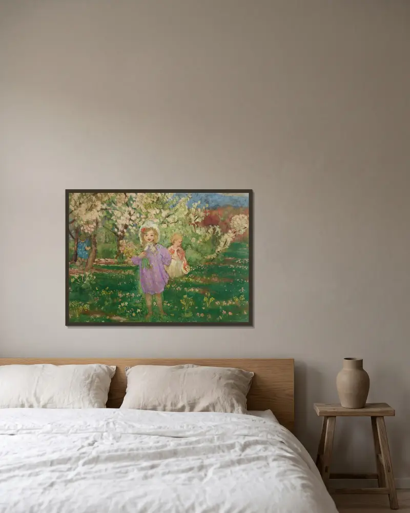 Barn i en blommande fruktträdgård av Henri Lebasque inramad på en vägg