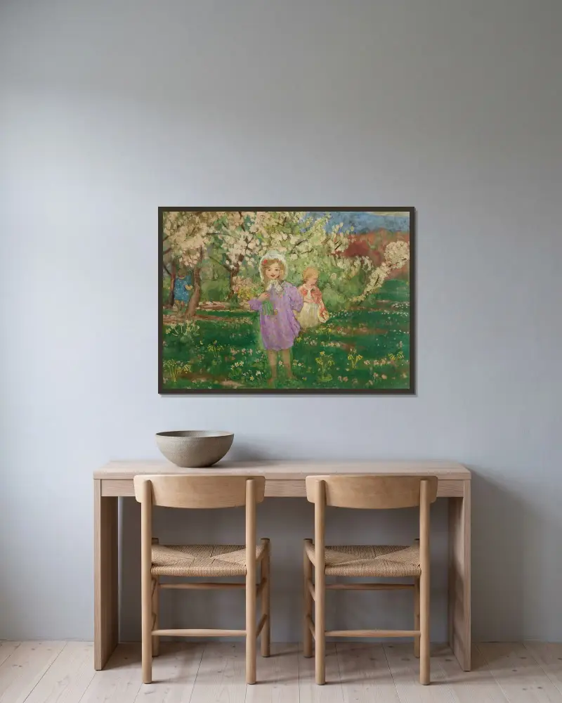 Barn i en blommande fruktträdgård av Henri Lebasque inramad på en vägg