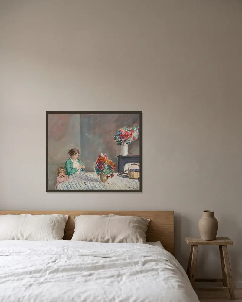 Kvinna och barn i blomstrande interiör av Henri Lebasque inramad på en vägg