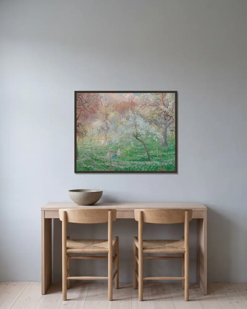Kvinna och flickor i en blommande fruktträdgård av Henri Lebasque inramad på en vägg