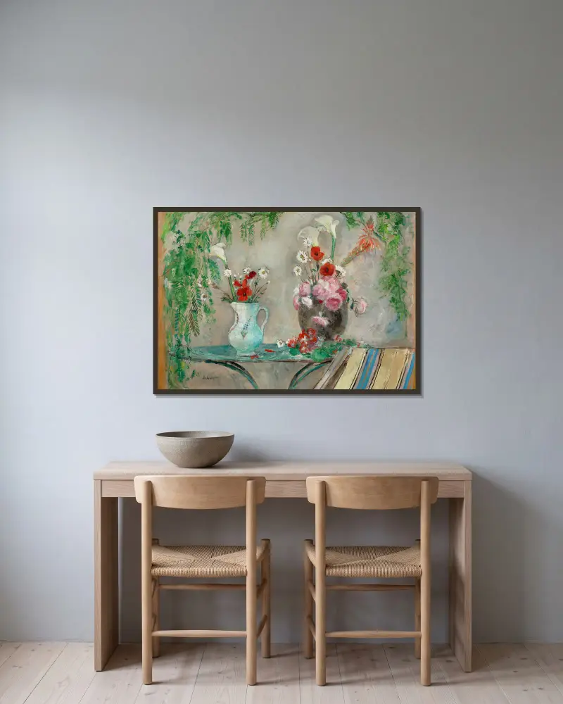 Blumen auf einem Tisch auf einer Terrasse von Henri Lebasque gerahmt an einer Wand