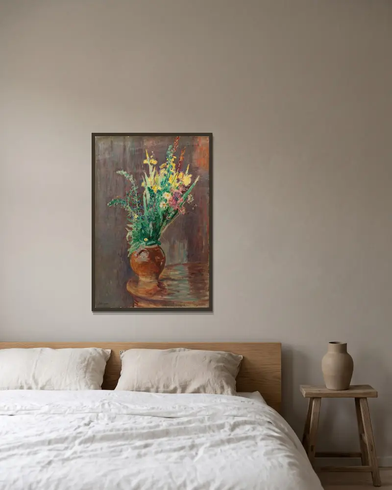 Blomsterbukett i en kruka av Henri Lebasque inramad på en vägg