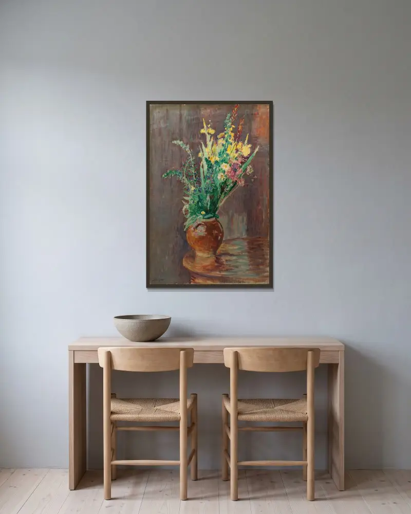 Blomsterbukett i en kruka av Henri Lebasque inramad på en vägg