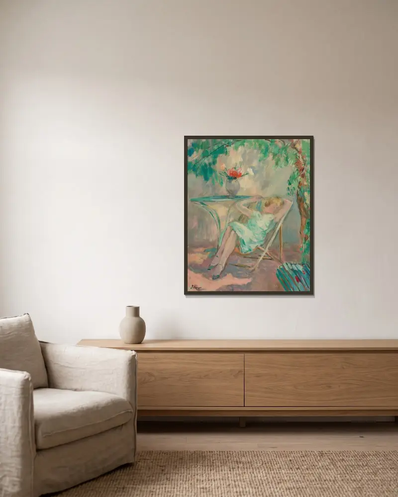 Ung flicka som slumrar i en trädgård av Henri Lebasque inramad på en vägg