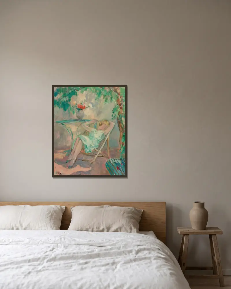 Ung flicka som slumrar i en trädgård av Henri Lebasque inramad på en vägg