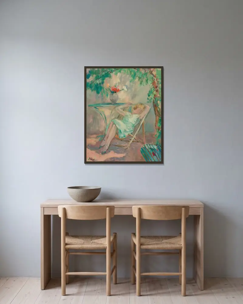 Ung flicka som slumrar i en trädgård av Henri Lebasque inramad på en vägg