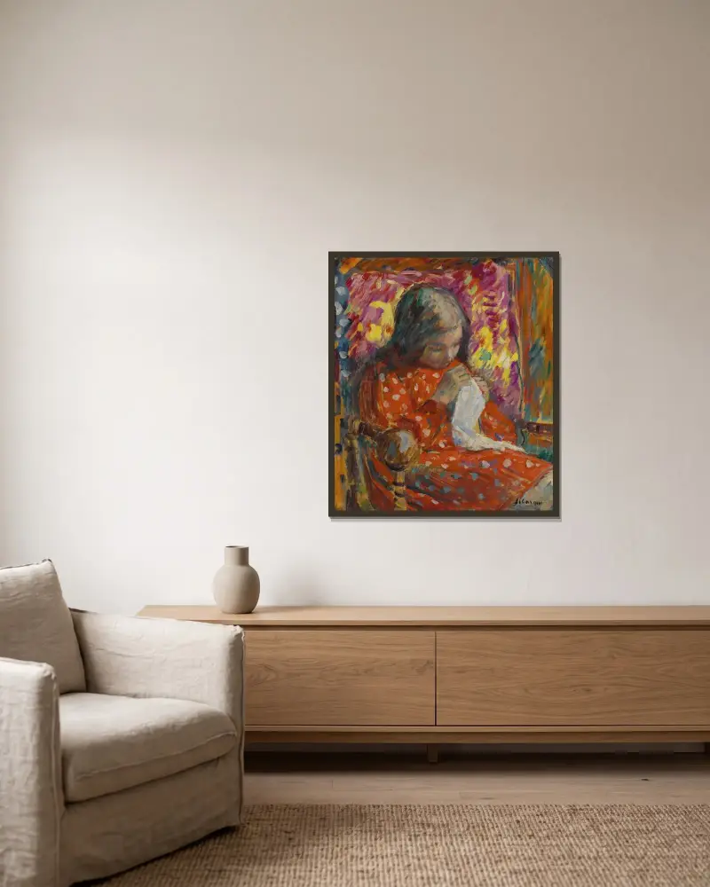 Ung flicka som syr av Henri Lebasque inramad på en vägg