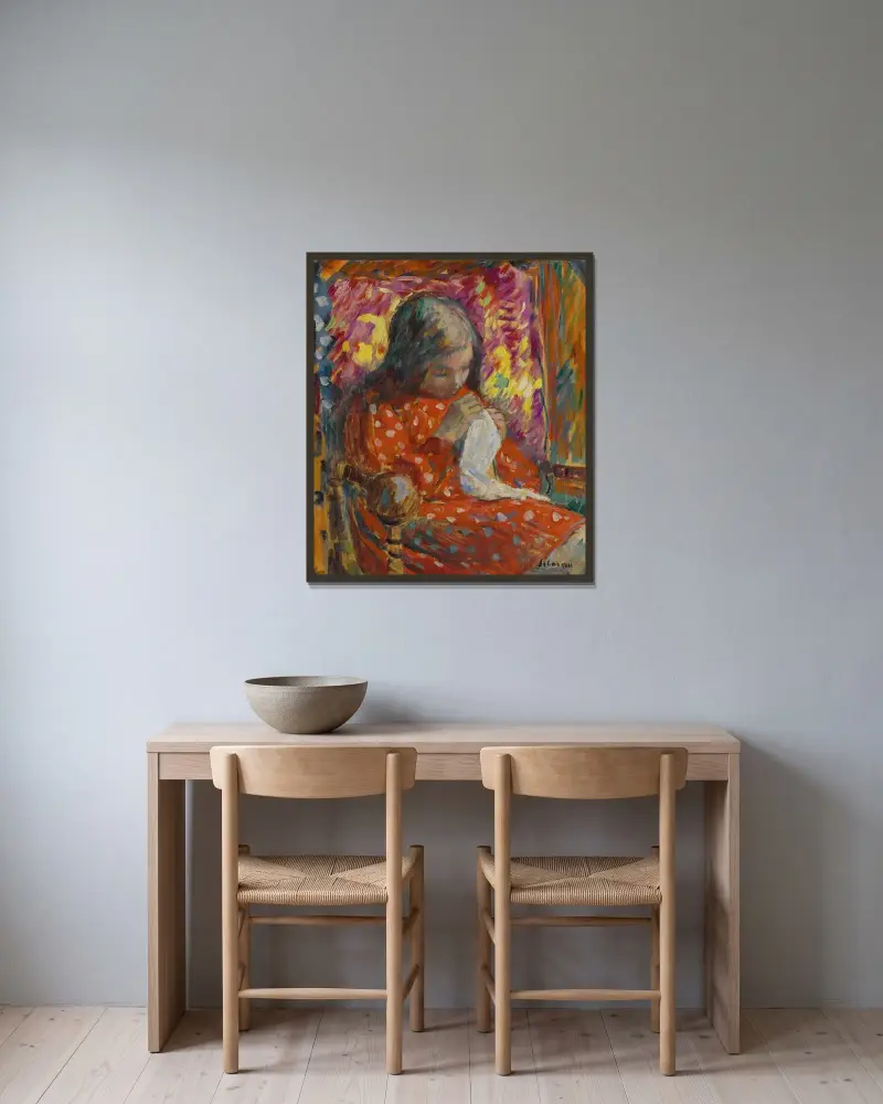 Ung flicka som syr av Henri Lebasque inramad på en vägg