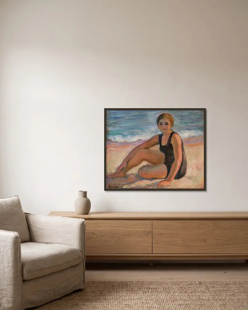 Badande kvinna i svart baddräkt av Henri Lebasque inramad på en vägg