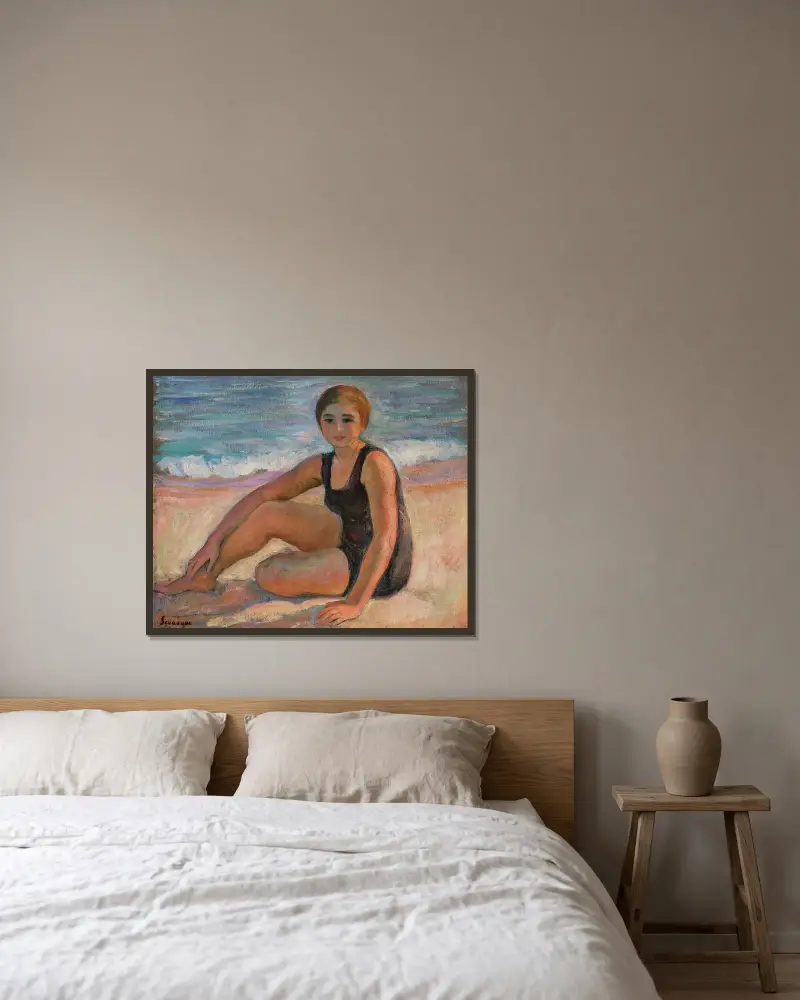 Badande kvinna i svart baddräkt av Henri Lebasque inramad på en vägg