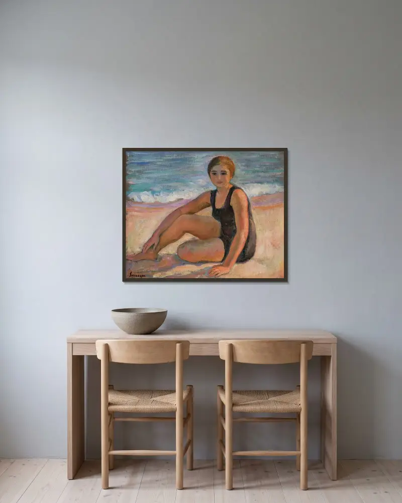 Badande kvinna i svart baddräkt av Henri Lebasque inramad på en vägg