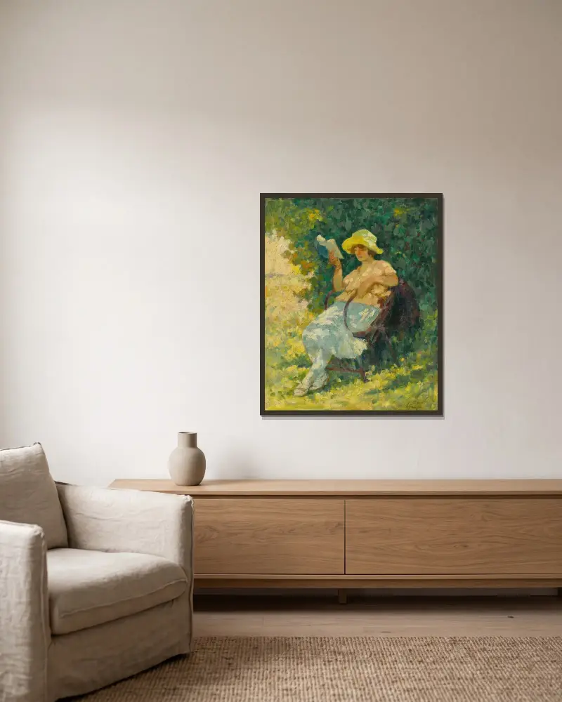 Läsning i trädgården av Henri Lebasque inramad på en vägg