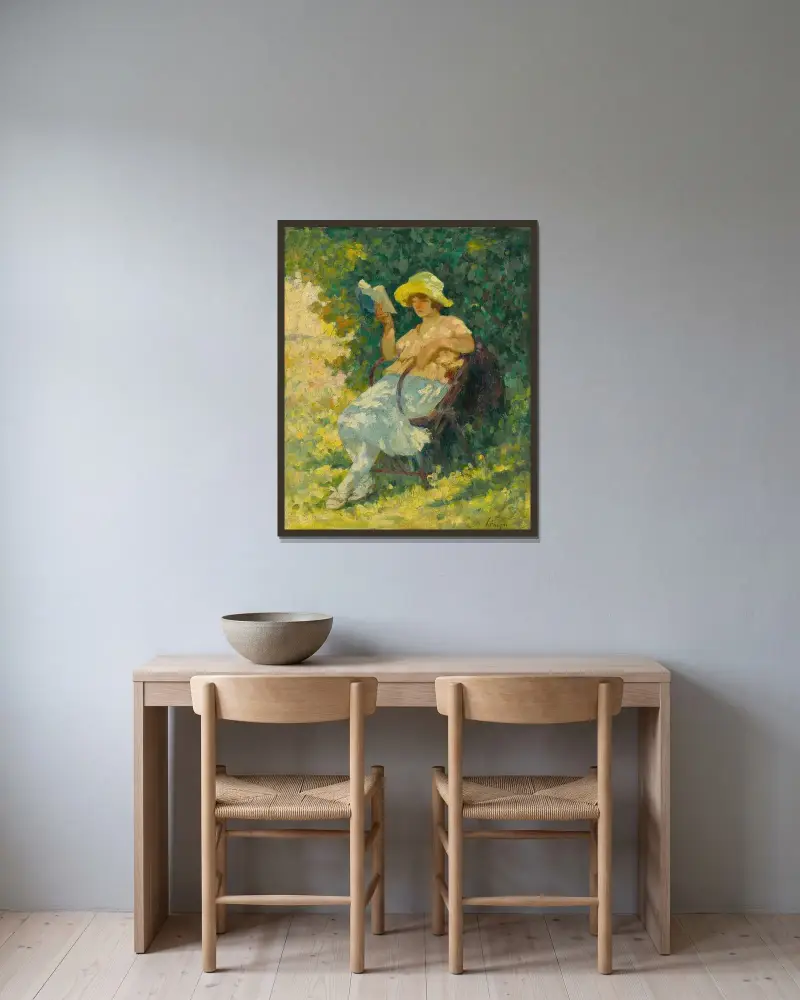 Läsning i trädgården av Henri Lebasque inramad på en vägg