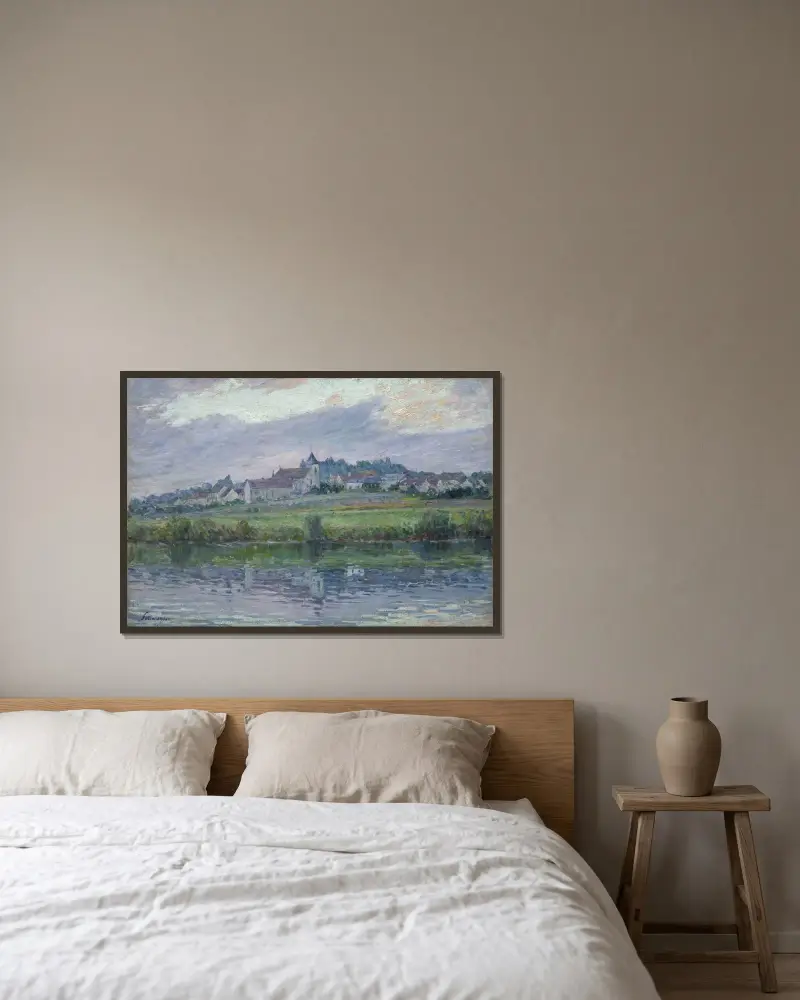 Stränderna vid Marne nära Montévrain av Henri Lebasque inramad på en vägg