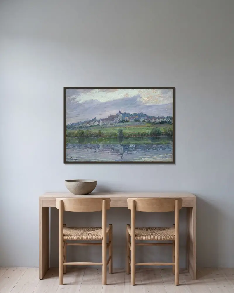 Stränderna vid Marne nära Montévrain av Henri Lebasque inramad på en vägg