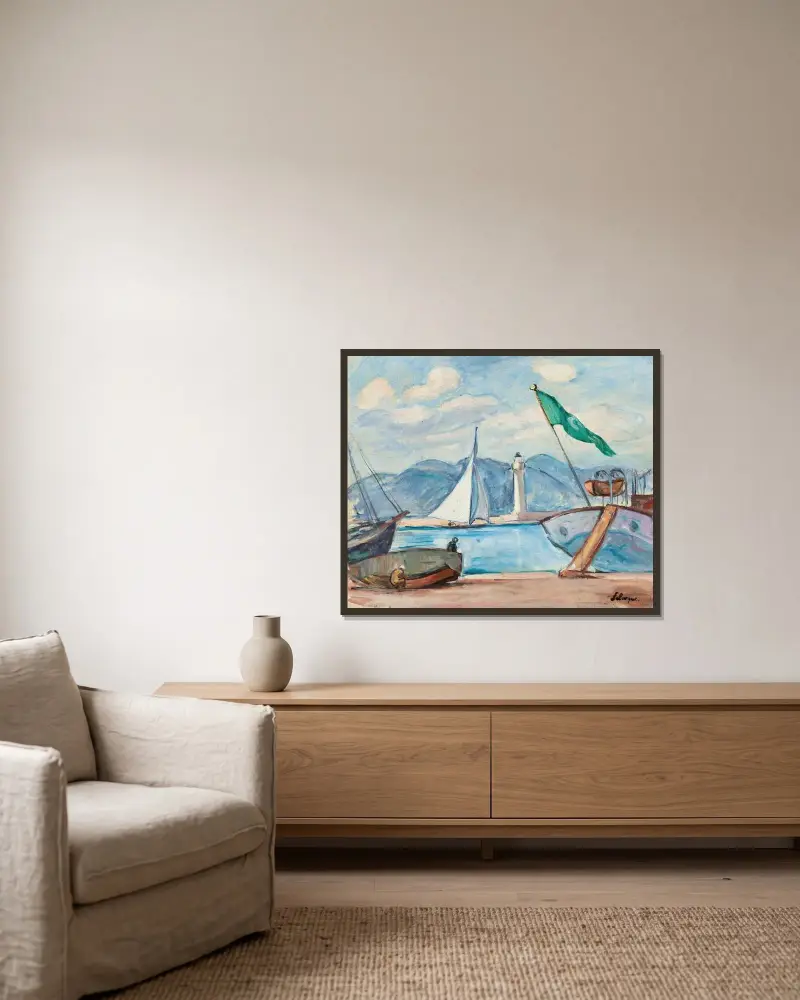 Hamnen i Saint-Tropez av Henri Lebasque inramad på en vägg