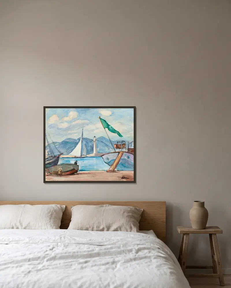 Hamnen i Saint-Tropez av Henri Lebasque inramad på en vägg