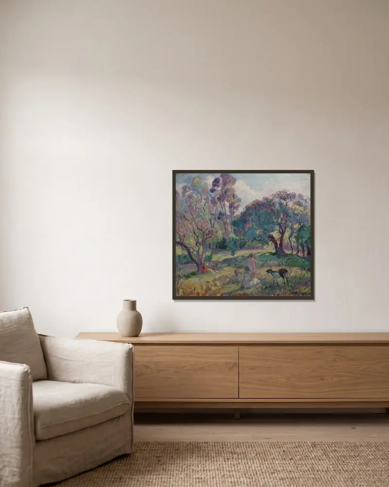 Vila under träden av Henri Lebasque inramad på en vägg