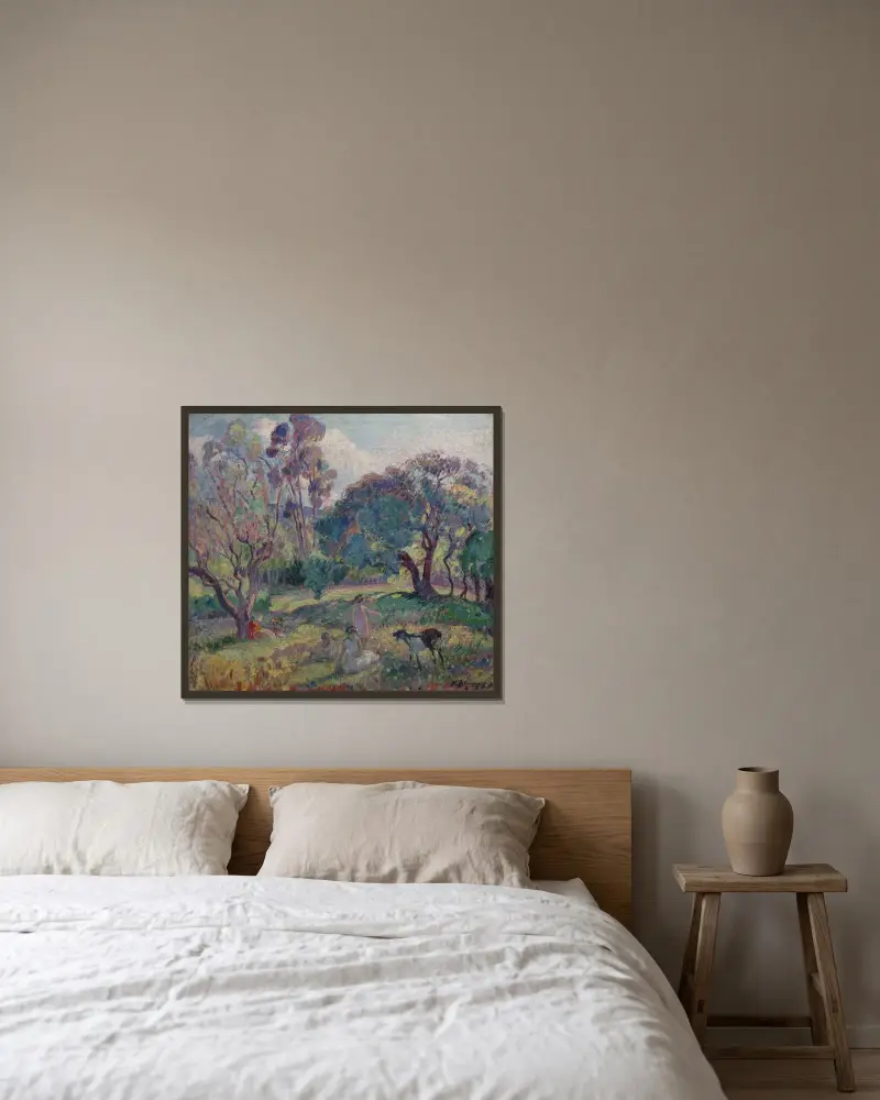 Vila under träden av Henri Lebasque inramad på en vägg