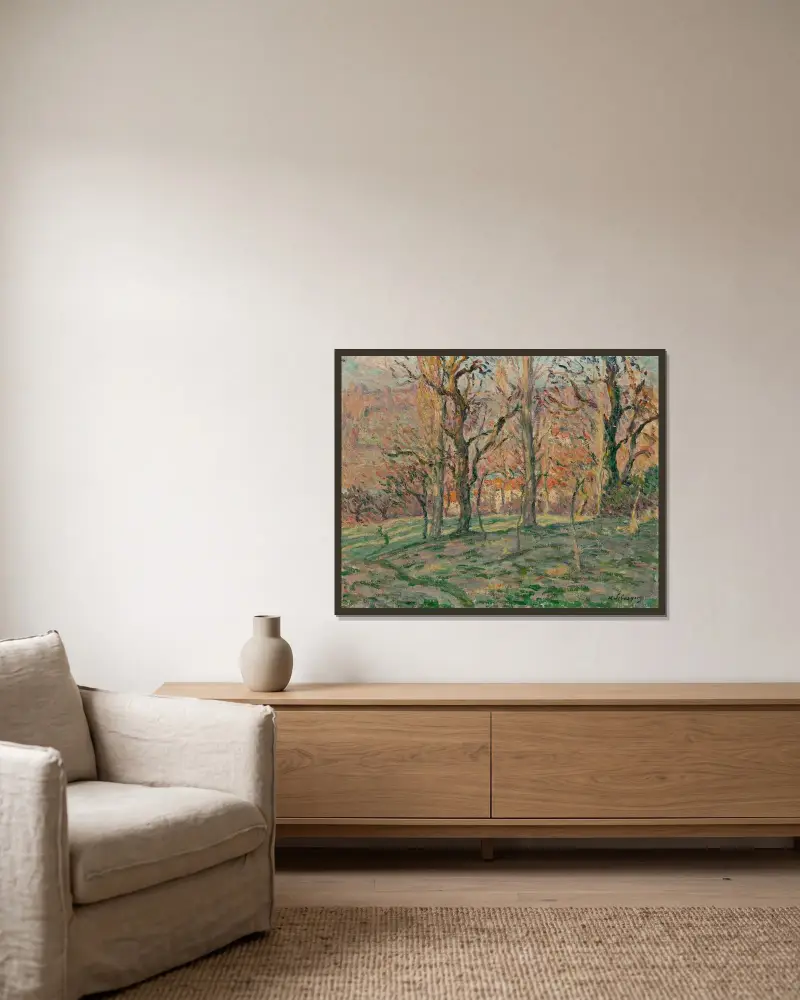 Röda hus genom träden av Henri Lebasque inramad på en vägg