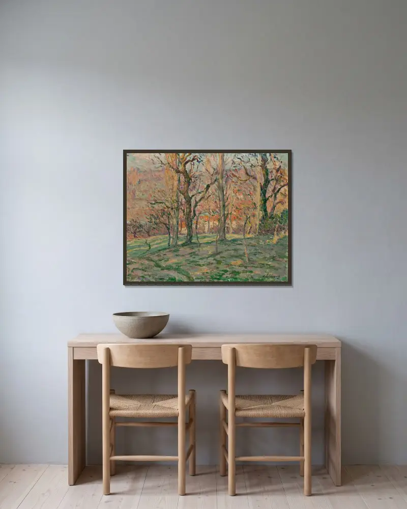 Röda hus genom träden av Henri Lebasque inramad på en vägg