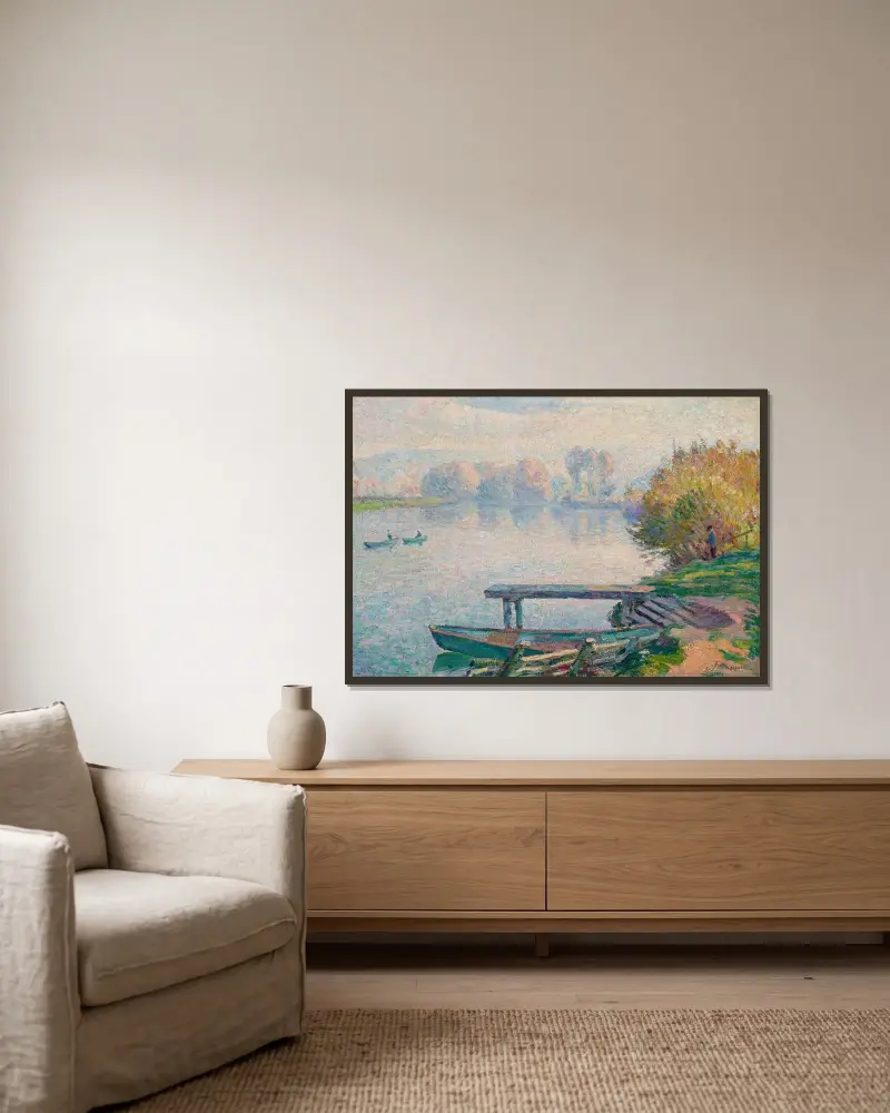 Dammen vid Saint-Pierre, fiskare och båtar av Henri Lebasque inramad på en vägg