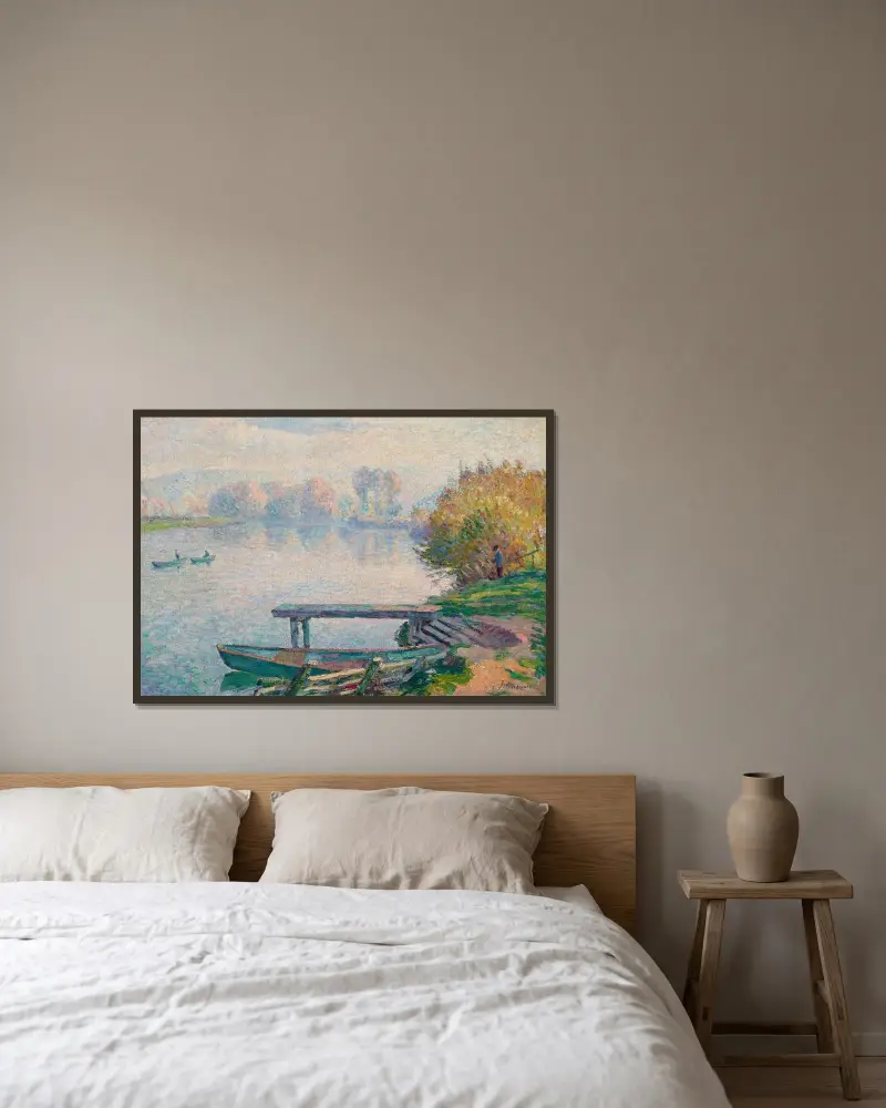 Dammen vid Saint-Pierre, fiskare och båtar av Henri Lebasque inramad på en vägg