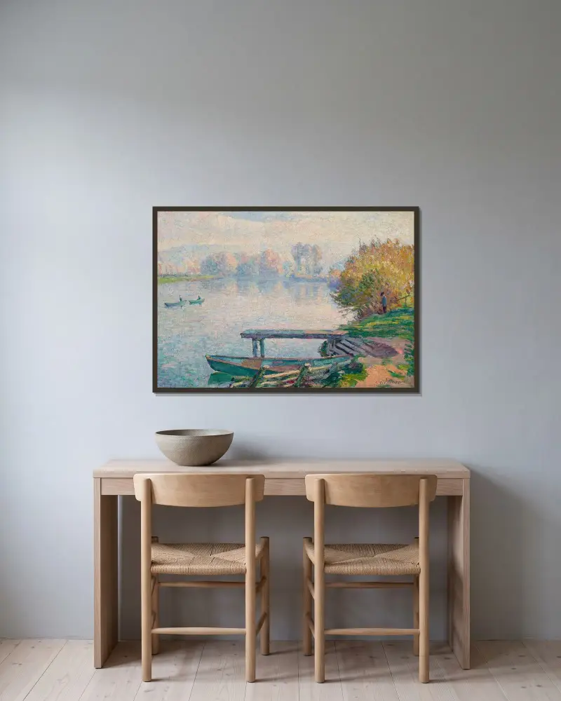 Dammen vid Saint-Pierre, fiskare och båtar av Henri Lebasque inramad på en vägg