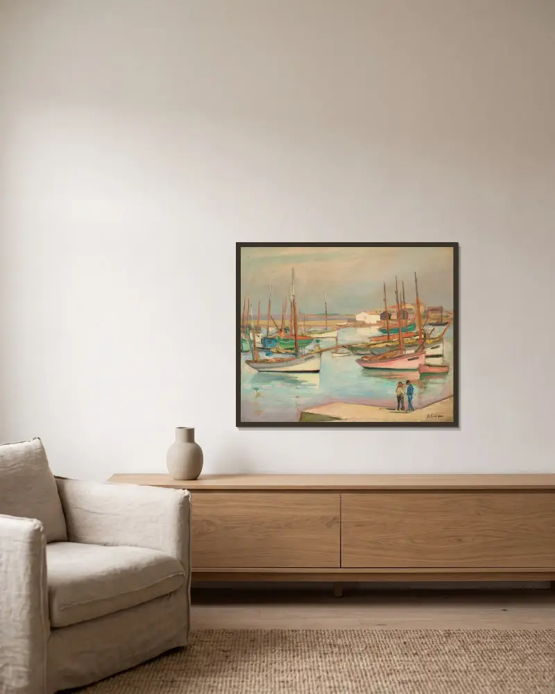 Hus vid hamnen på Île d’Yeu av Henri Lebasque inramad på en vägg