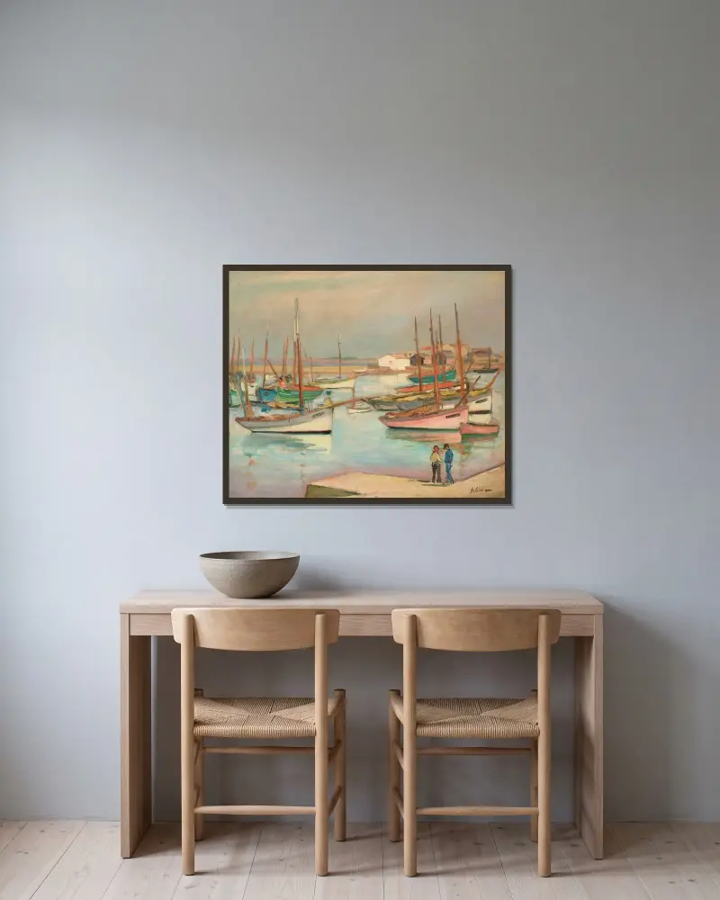 Hus vid hamnen på Île d’Yeu av Henri Lebasque inramad på en vägg