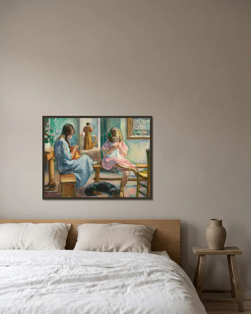 Marthe Et Nono Cousant Dans Un Intérieur av Henri Lebasque inramad på en vägg