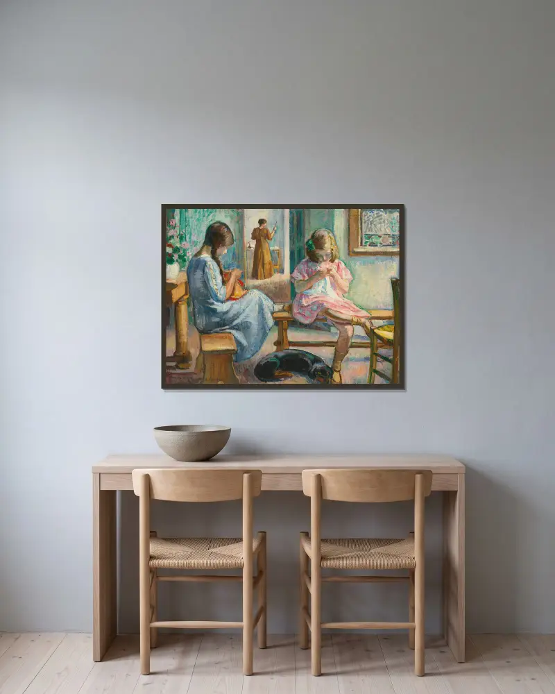 Marthe Et Nono Cousant Dans Un Intérieur av Henri Lebasque inramad på en vägg