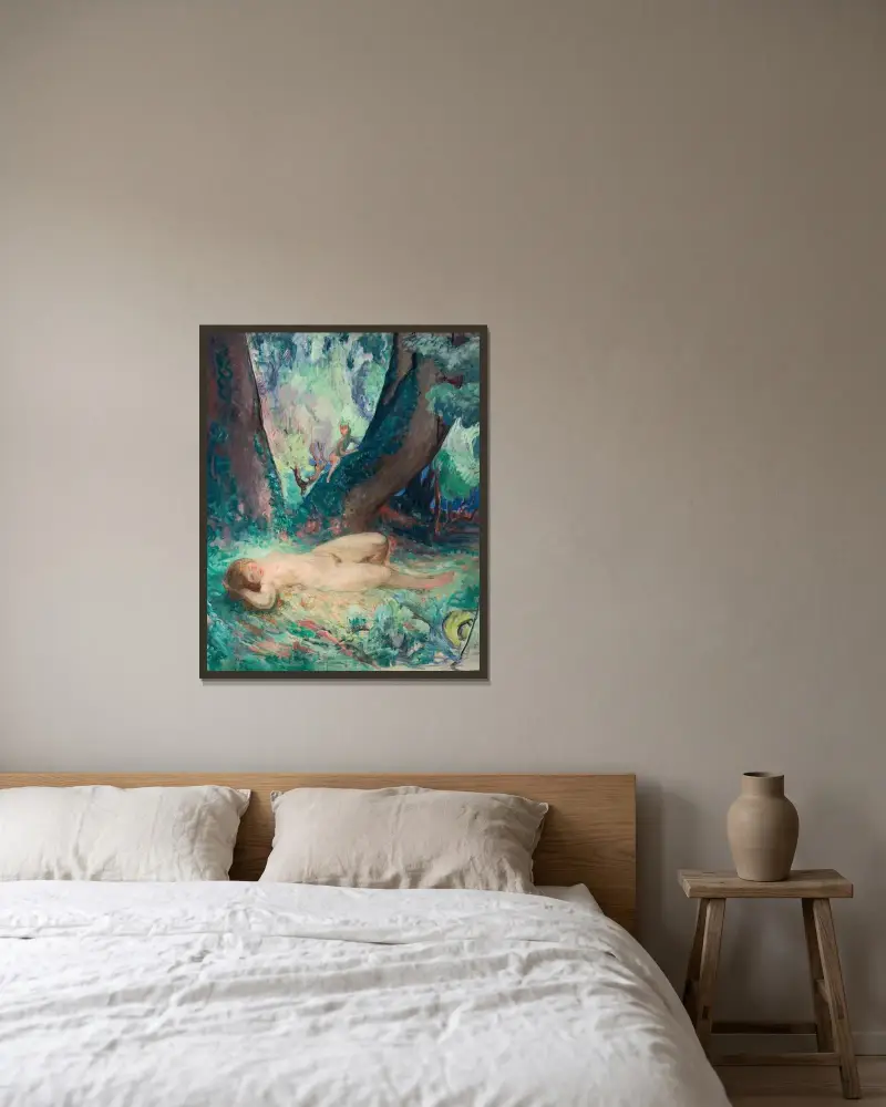 Akt med liten faun av Henri Lebasque inramad på en vägg