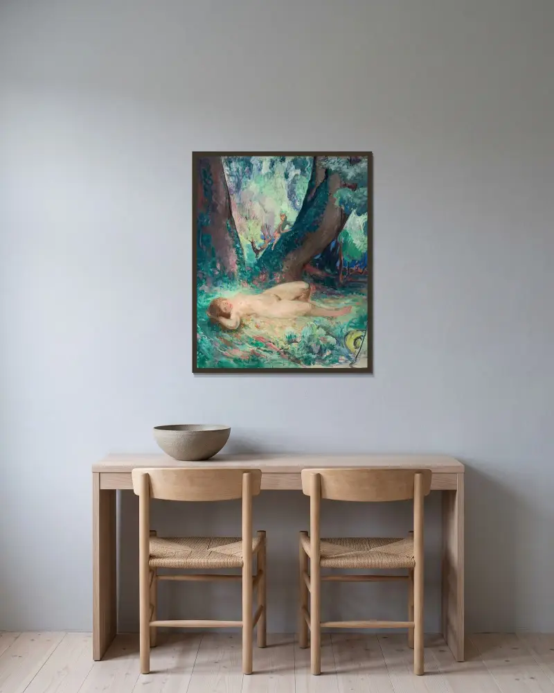 Akt med liten faun av Henri Lebasque inramad på en vägg
