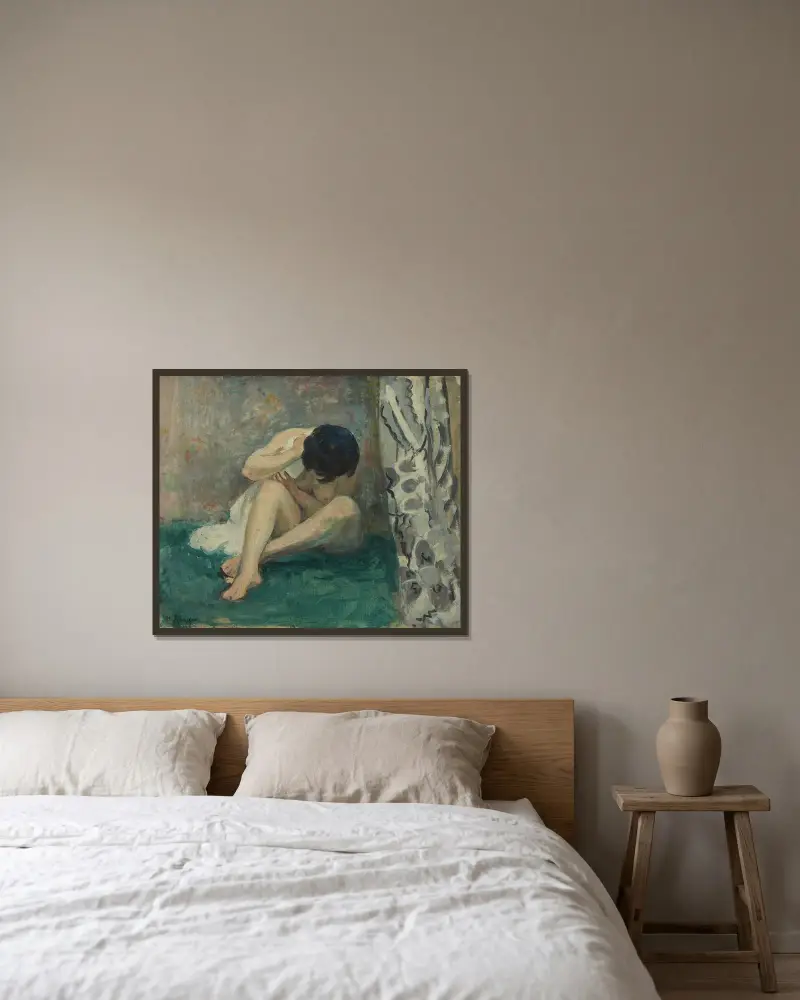 Akt på grön matta (Kiki) av Henri Lebasque inramad på en vägg