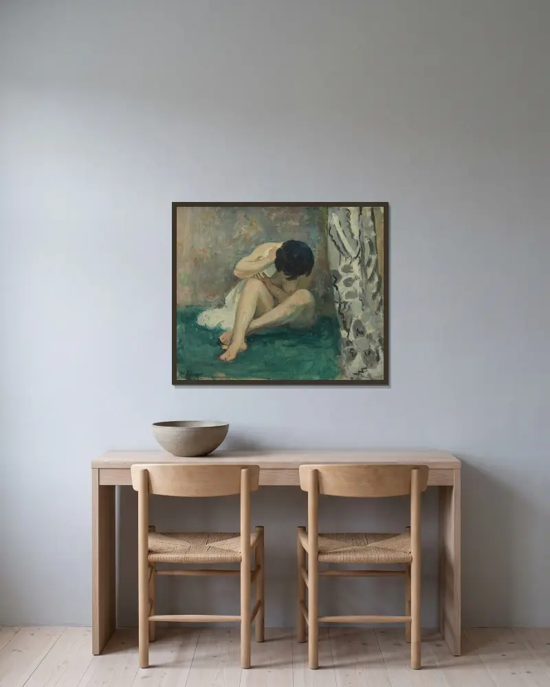 Akt på grön matta (Kiki) av Henri Lebasque inramad på en vägg