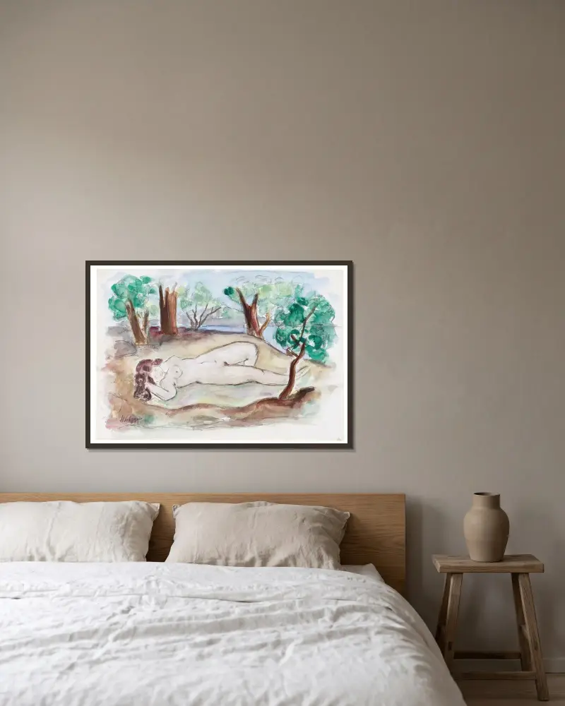 Liggande naken i landskap vid Saint-Tropez av Henri Lebasque inramad på en vägg