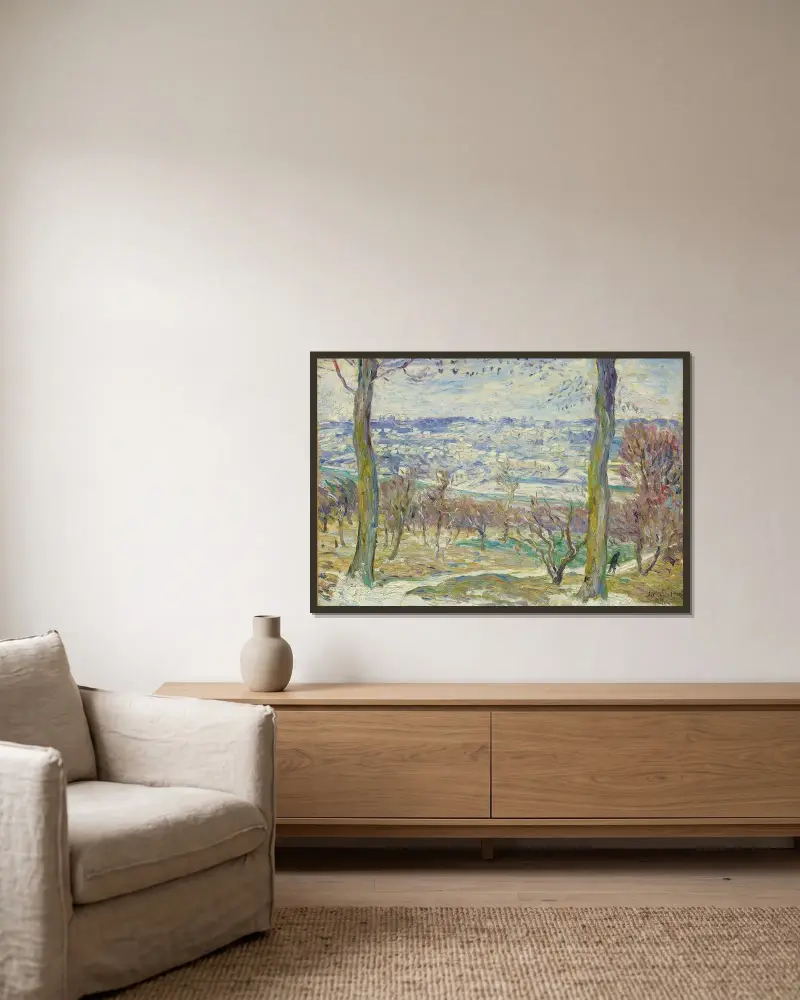 Snölandskap i Paris omgivningar av Henri Lebasque inramad på en vägg