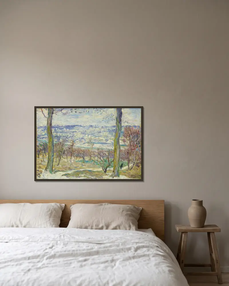 Snölandskap i Paris omgivningar av Henri Lebasque inramad på en vägg