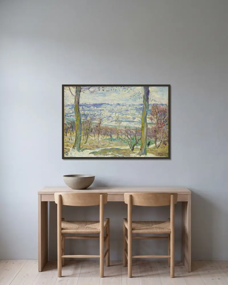 Snölandskap i Paris omgivningar av Henri Lebasque inramad på en vägg